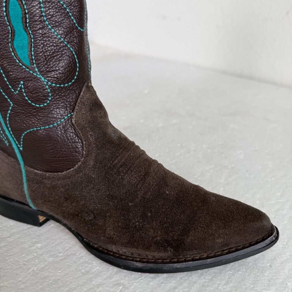 Brown Suede & Leather Cowboy Boots Turquoise Star Embroidery Women’s Size 38 - Picture 8 of 13
